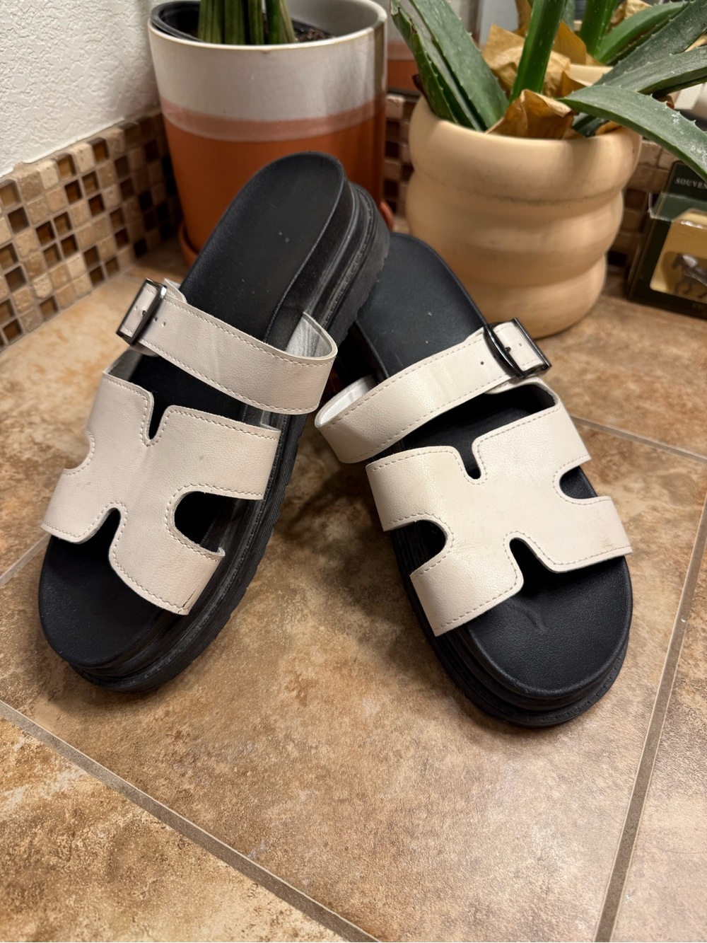 White Leather Slide Sandals with Black Footbed